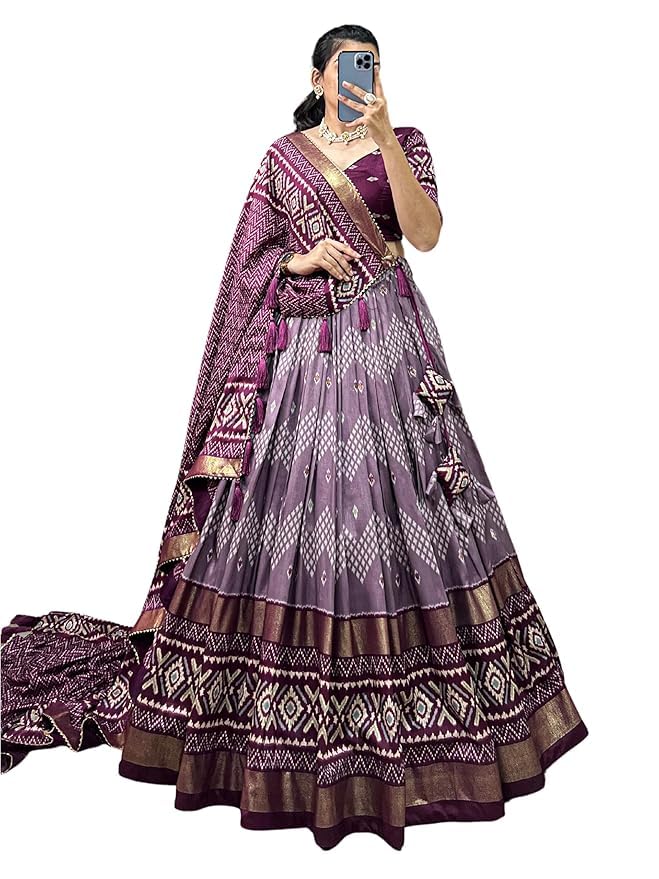 Trending Tussar Silk Lehenga Choli Print with Foil Work With Unstitched Blouse Patola Print Adorned with Foil Work For Navrati || Wedding