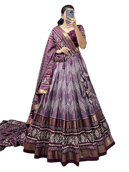 Trending Tussar Silk Lehenga Choli Print with Foil Work With Unstitched Blouse Patola Print Adorned with Foil Work For Navrati || Wedding