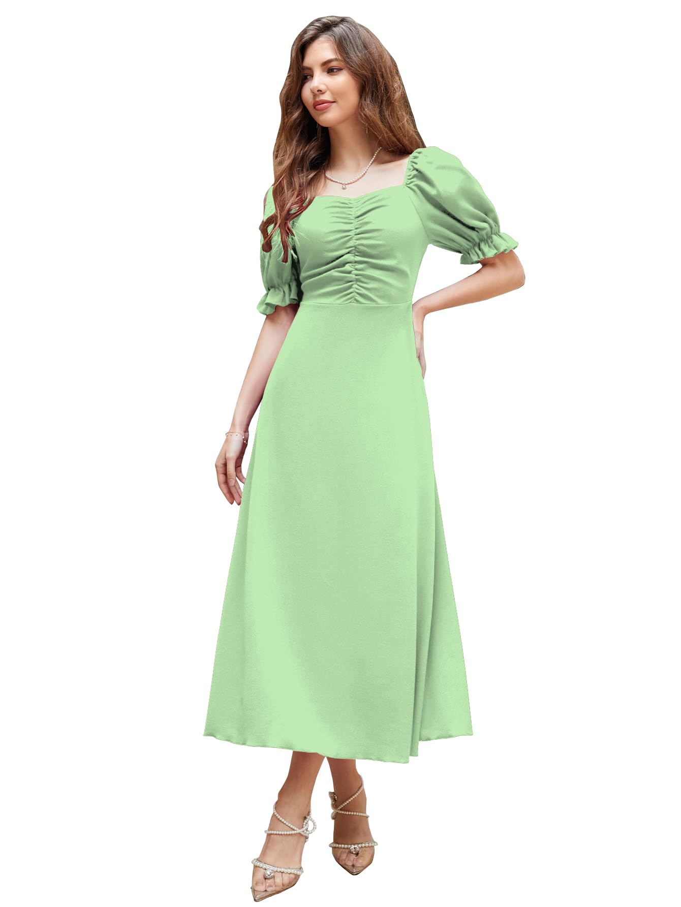 Shasmi Girl's & Women's Solid A-Line Ruched Puff Sleeve Maxi Long Evening One Piece Long Dress for Women Stylish (Dress 131)