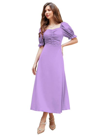 Shasmi Girl's & Women's Solid A-Line Ruched Puff Sleeve Maxi Long Evening One Piece Long Dress for Women Stylish (Dress 131)