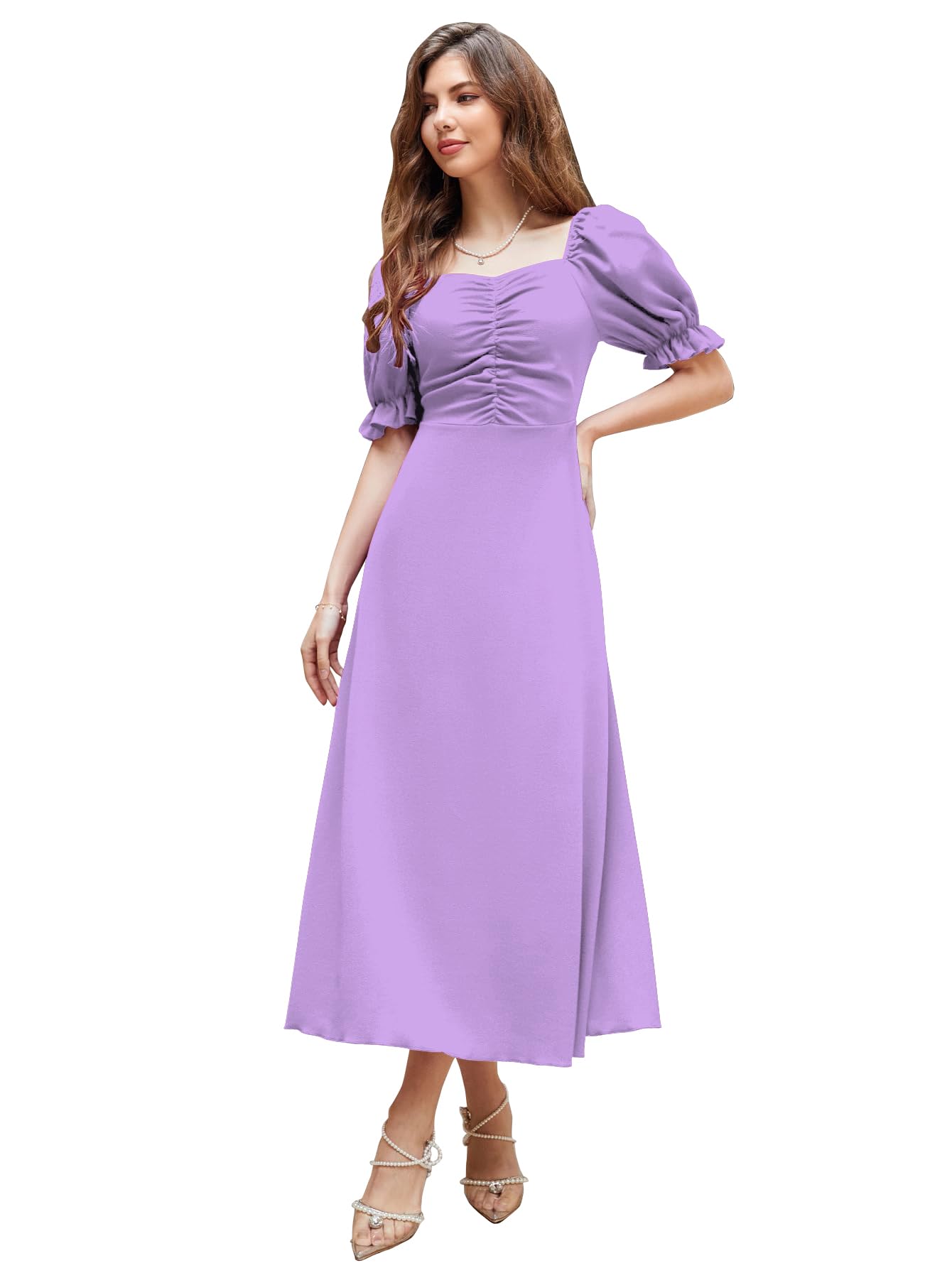 Shasmi Girl's & Women's Solid A-Line Ruched Puff Sleeve Maxi Long Evening One Piece Long Dress for Women Stylish (Dress 131)