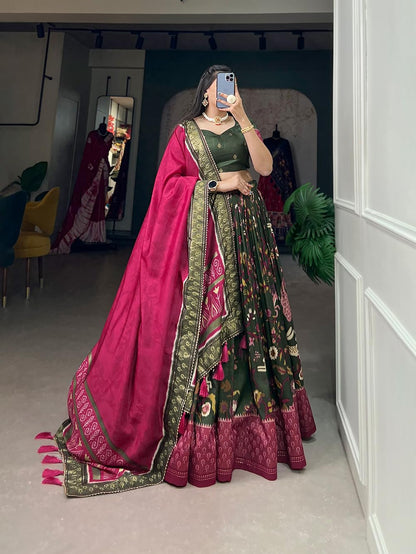 74 COLOR HALFSLIVE Women's Trending Designeer Tussar Silk Lehenga Choli Print with Foil Work With Unstitched Blouse Patola Print Adorned with Foil Work For Navrati || Wedding