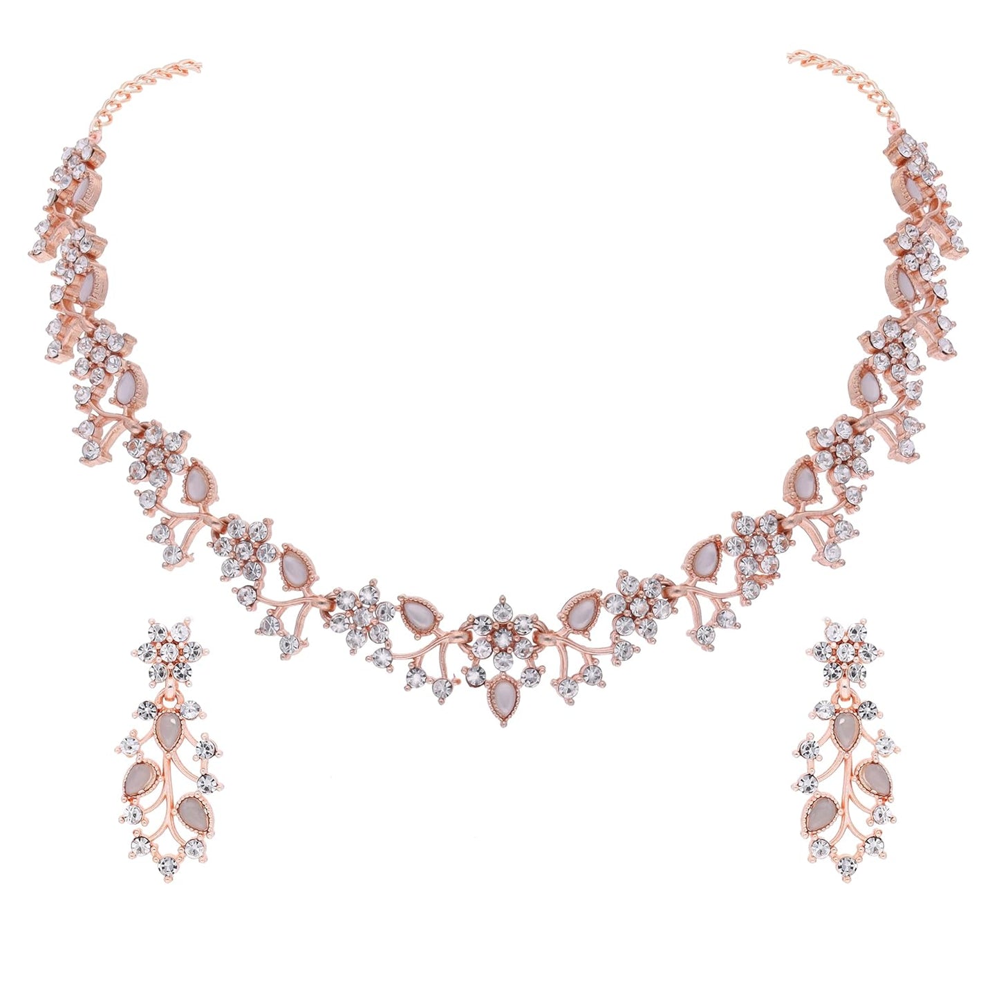 Womens Rose Gold-Plated Artificial Stone Studded Necklace Jewellery Set With 1 Pair Of Earring(AB_BJ Special-RG-White)