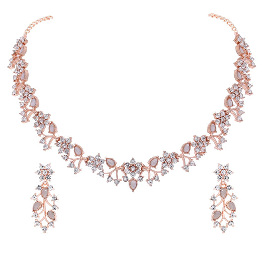 Womens Rose Gold-Plated Artificial Stone Studded Necklace Jewellery Set With 1 Pair Of Earring(AB_BJ Special-RG-White)