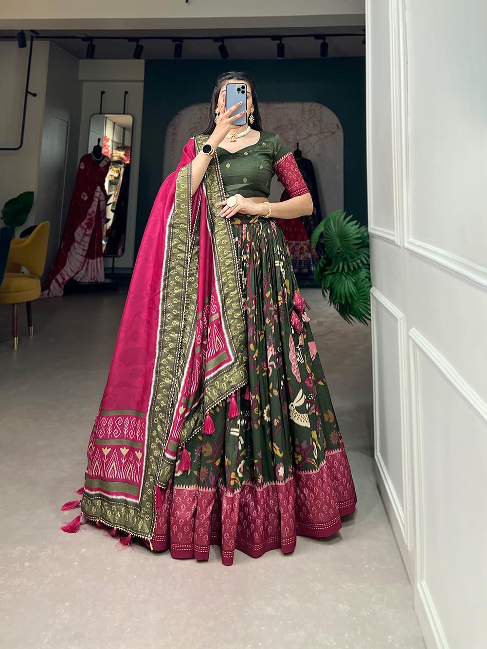 74 COLOR HALFSLIVE Women's Trending Designeer Tussar Silk Lehenga Choli Print with Foil Work With Unstitched Blouse Patola Print Adorned with Foil Work For Navrati || Wedding