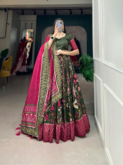 74 COLOR HALFSLIVE Women's Trending Designeer Tussar Silk Lehenga Choli Print with Foil Work With Unstitched Blouse Patola Print Adorned with Foil Work For Navrati || Wedding