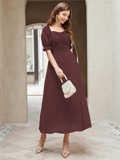 Shasmi Girl's & Women's Solid A-Line Ruched Puff Sleeve Maxi Long Evening One Piece Long Dress for Women Stylish (Dress 131)