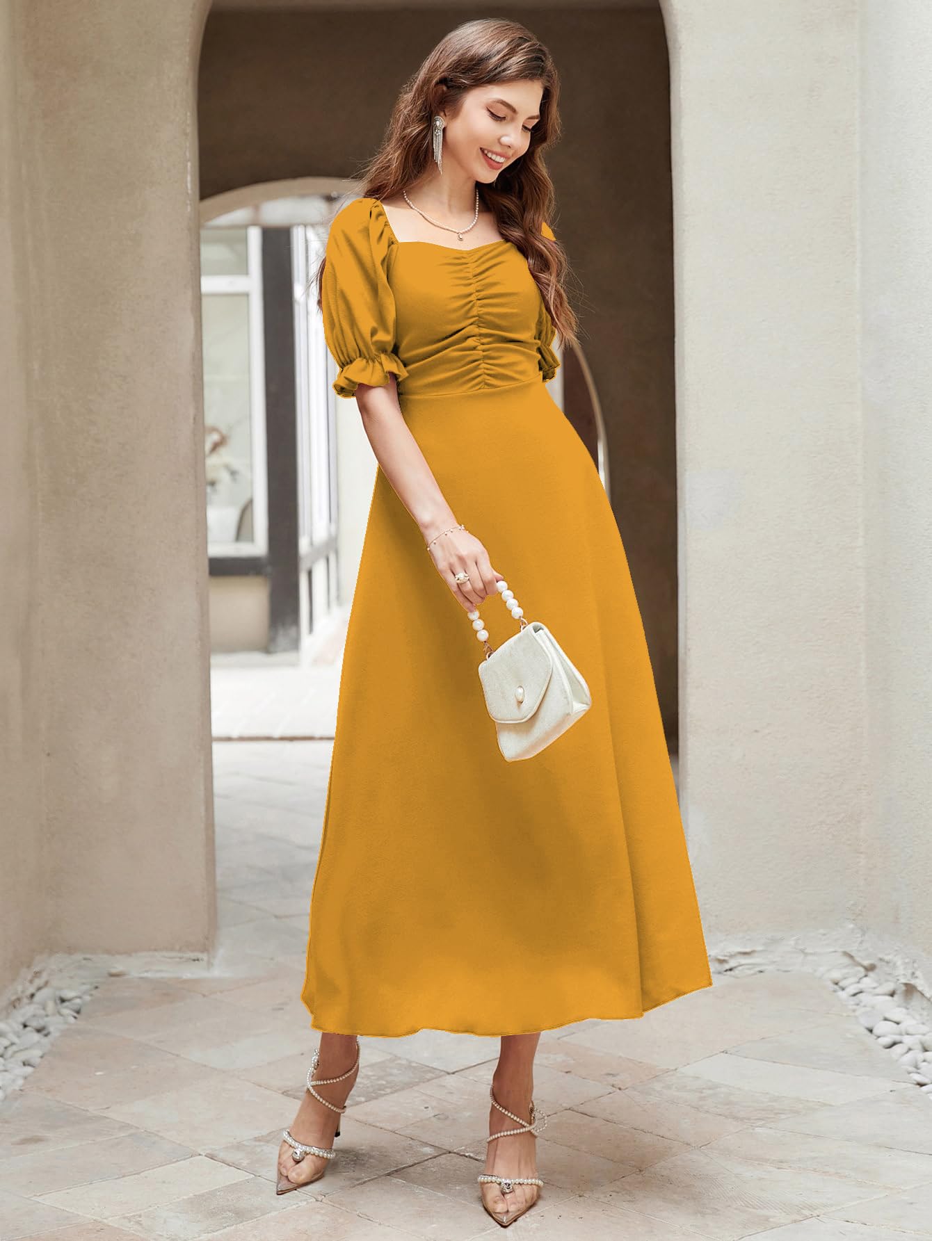 Shasmi Girl's & Women's Solid A-Line Ruched Puff Sleeve Maxi Long Evening One Piece Long Dress for Women Stylish (Dress 131)
