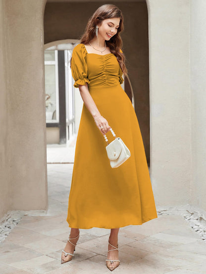 Shasmi Girl's & Women's Solid A-Line Ruched Puff Sleeve Maxi Long Evening One Piece Long Dress for Women Stylish (Dress 131)