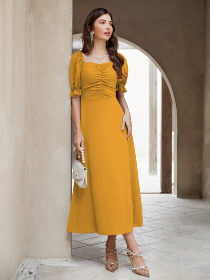 Shasmi Girl's & Women's Solid A-Line Ruched Puff Sleeve Maxi Long Evening One Piece Long Dress for Women Stylish (Dress 131)