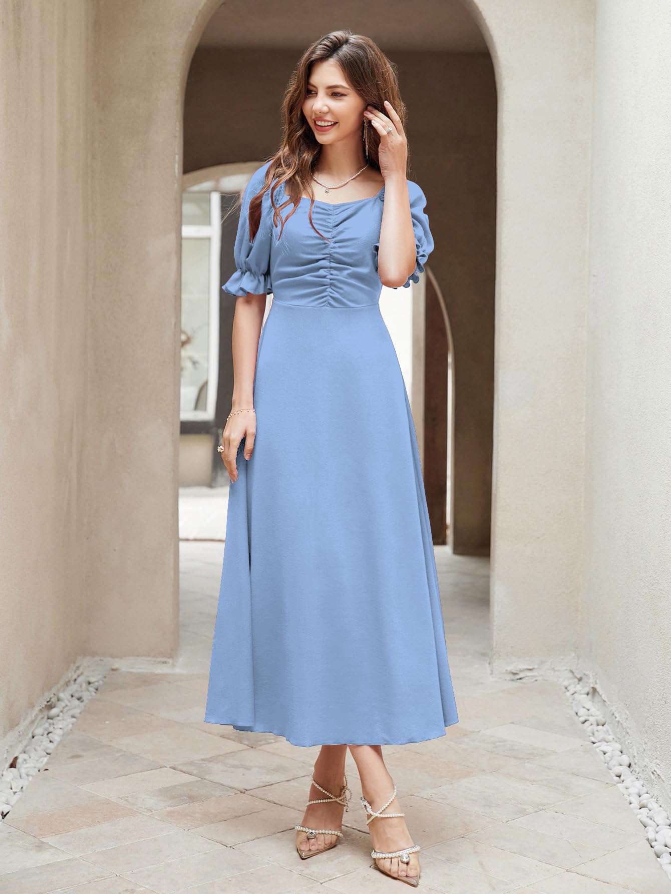Shasmi Girl's & Women's Solid A-Line Ruched Puff Sleeve Maxi Long Evening One Piece Long Dress for Women Stylish (Dress 131)