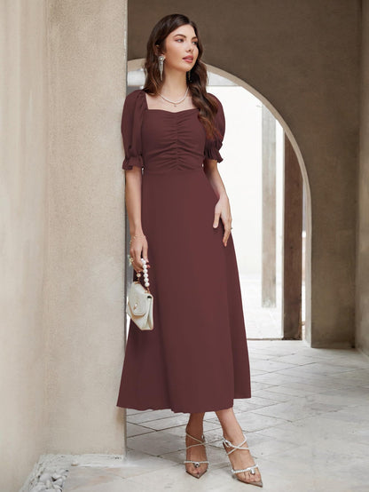 Shasmi Girl's & Women's Solid A-Line Ruched Puff Sleeve Maxi Long Evening One Piece Long Dress for Women Stylish (Dress 131)