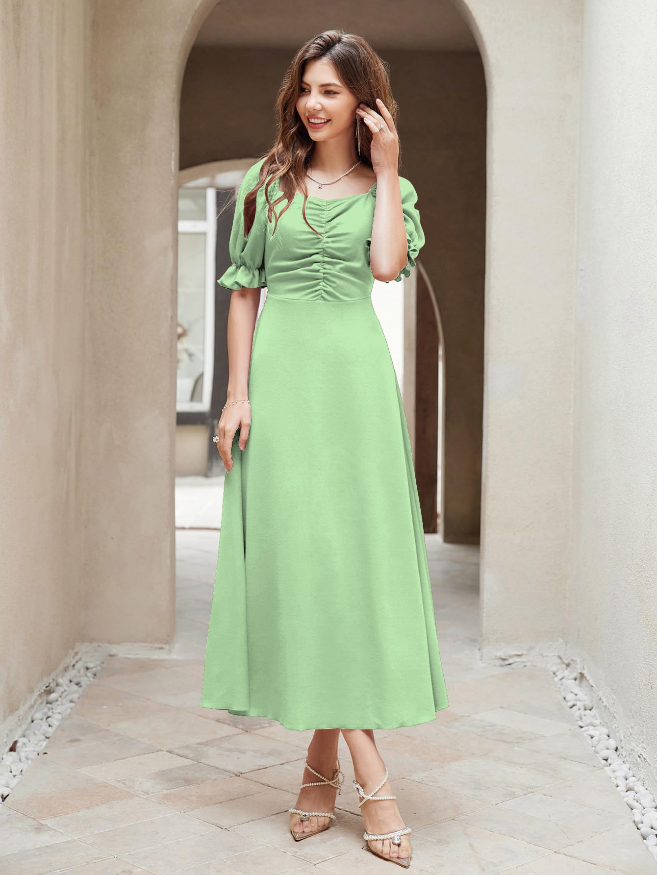 Shasmi Girl's & Women's Solid A-Line Ruched Puff Sleeve Maxi Long Evening One Piece Long Dress for Women Stylish (Dress 131)