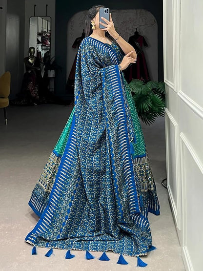 Trending Tussar Silk Lehenga Choli Print with Foil Work With Unstitched Blouse Patola Print Adorned with Foil Work For Navrati || Wedding