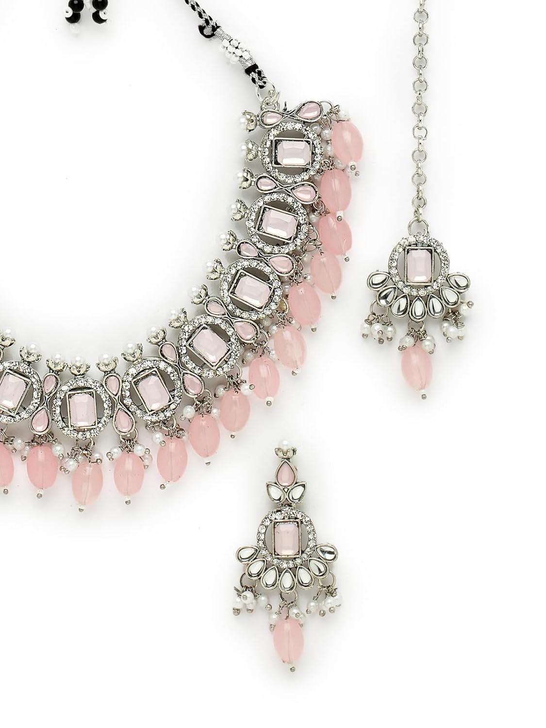 Sukkhi Artistic Rhodium Plated Pink AD Stone Collar Bone Necklace Set With Earring And Maangtika | Jewellery Set For Women (NS105698)