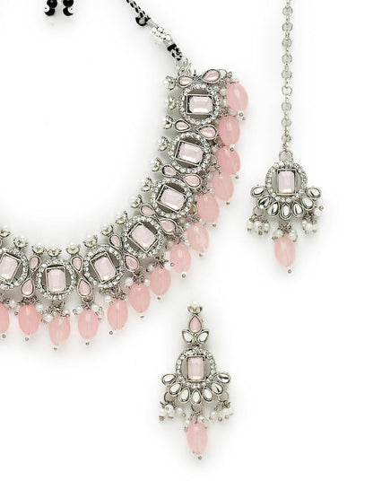 Sukkhi Artistic Rhodium Plated Pink AD Stone Collar Bone Necklace Set With Earring And Maangtika | Jewellery Set For Women (NS105698)