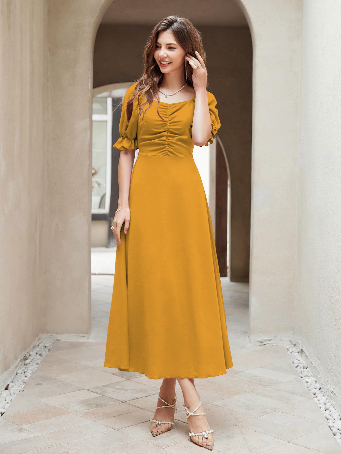 Shasmi Girl's & Women's Solid A-Line Ruched Puff Sleeve Maxi Long Evening One Piece Long Dress for Women Stylish (Dress 131)