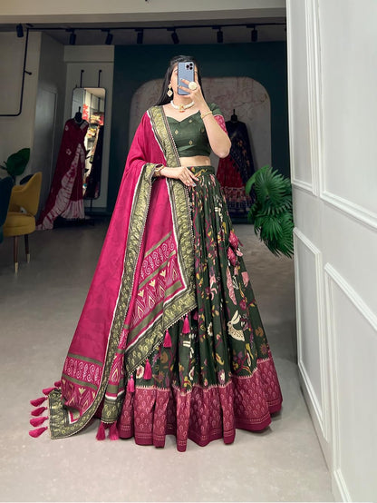 74 COLOR HALFSLIVE Women's Trending Designeer Tussar Silk Lehenga Choli Print with Foil Work With Unstitched Blouse Patola Print Adorned with Foil Work For Navrati || Wedding
