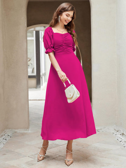 Shasmi Girl's & Women's Solid A-Line Ruched Puff Sleeve Maxi Long Evening One Piece Long Dress for Women Stylish (Dress 131)