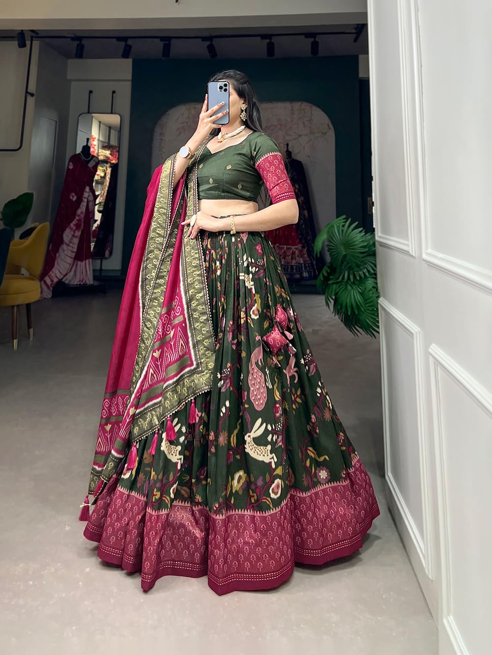 74 COLOR HALFSLIVE Women's Trending Designeer Tussar Silk Lehenga Choli Print with Foil Work With Unstitched Blouse Patola Print Adorned with Foil Work For Navrati || Wedding