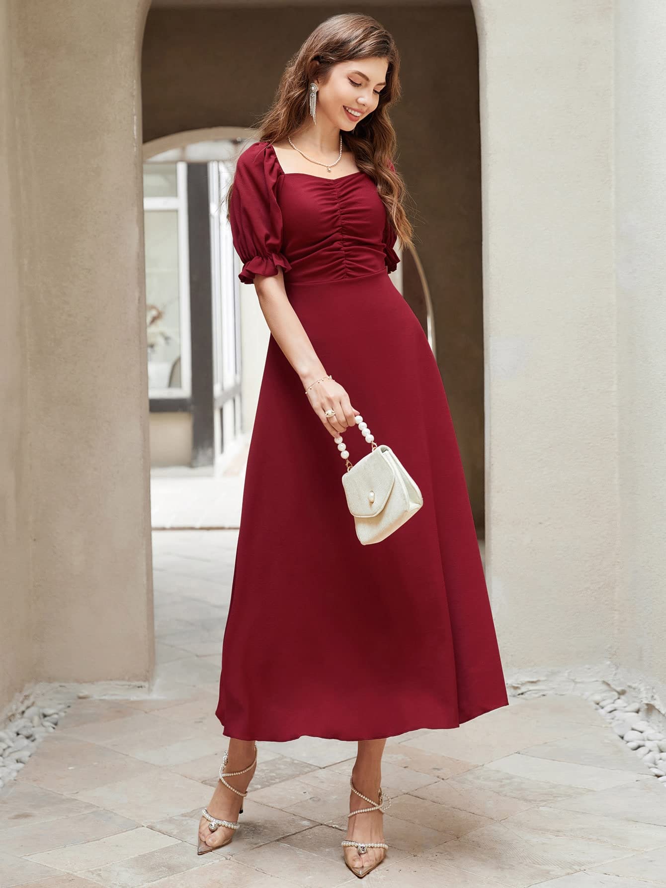 Shasmi Girl's & Women's Solid A-Line Ruched Puff Sleeve Maxi Long Evening One Piece Long Dress for Women Stylish (Dress 131)