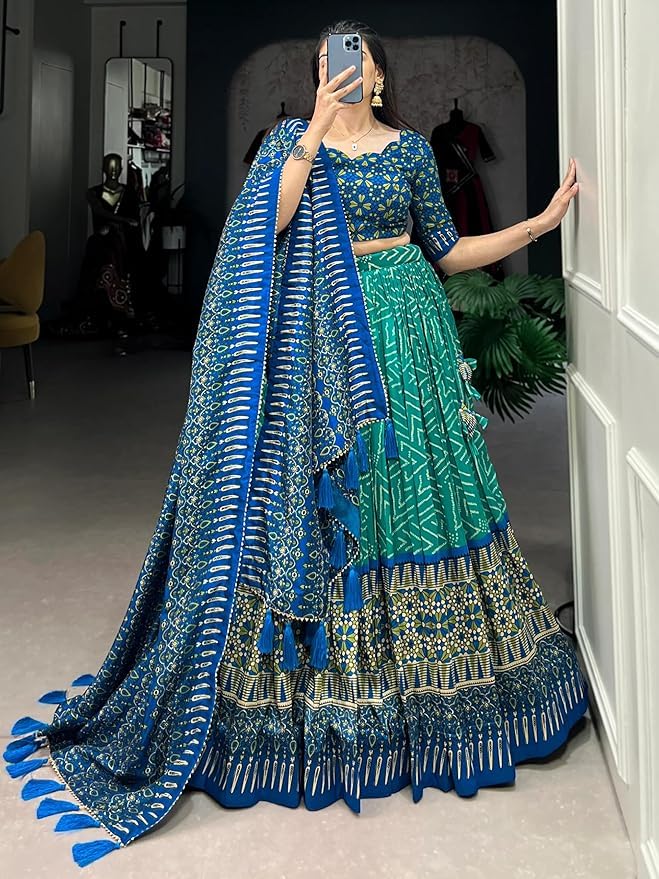 Trending Tussar Silk Lehenga Choli Print with Foil Work With Unstitched Blouse Patola Print Adorned with Foil Work For Navrati || Wedding