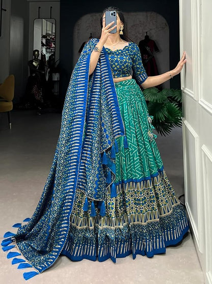 Trending Tussar Silk Lehenga Choli Print with Foil Work With Unstitched Blouse Patola Print Adorned with Foil Work For Navrati || Wedding