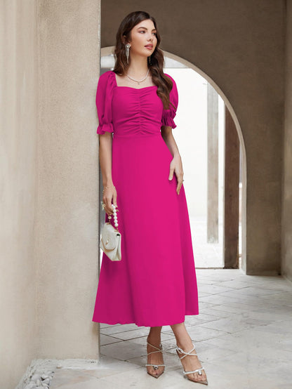 Shasmi Girl's & Women's Solid A-Line Ruched Puff Sleeve Maxi Long Evening One Piece Long Dress for Women Stylish (Dress 131)