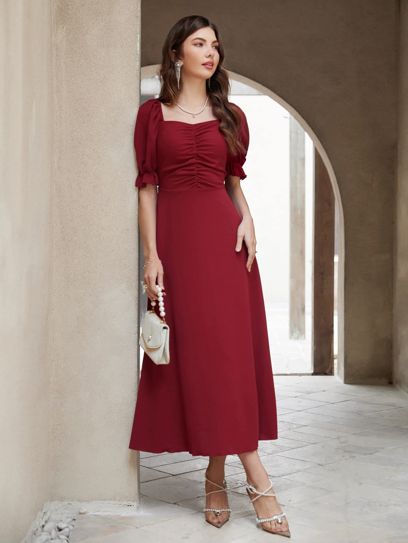 Shasmi Girl's & Women's Solid A-Line Ruched Puff Sleeve Maxi Long Evening One Piece Long Dress for Women Stylish (Dress 131)