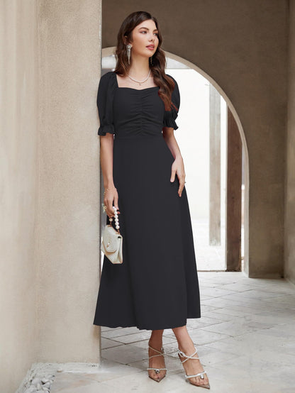 Shasmi Girl's & Women's Solid A-Line Ruched Puff Sleeve Maxi Long Evening One Piece Long Dress for Women Stylish (Dress 131)