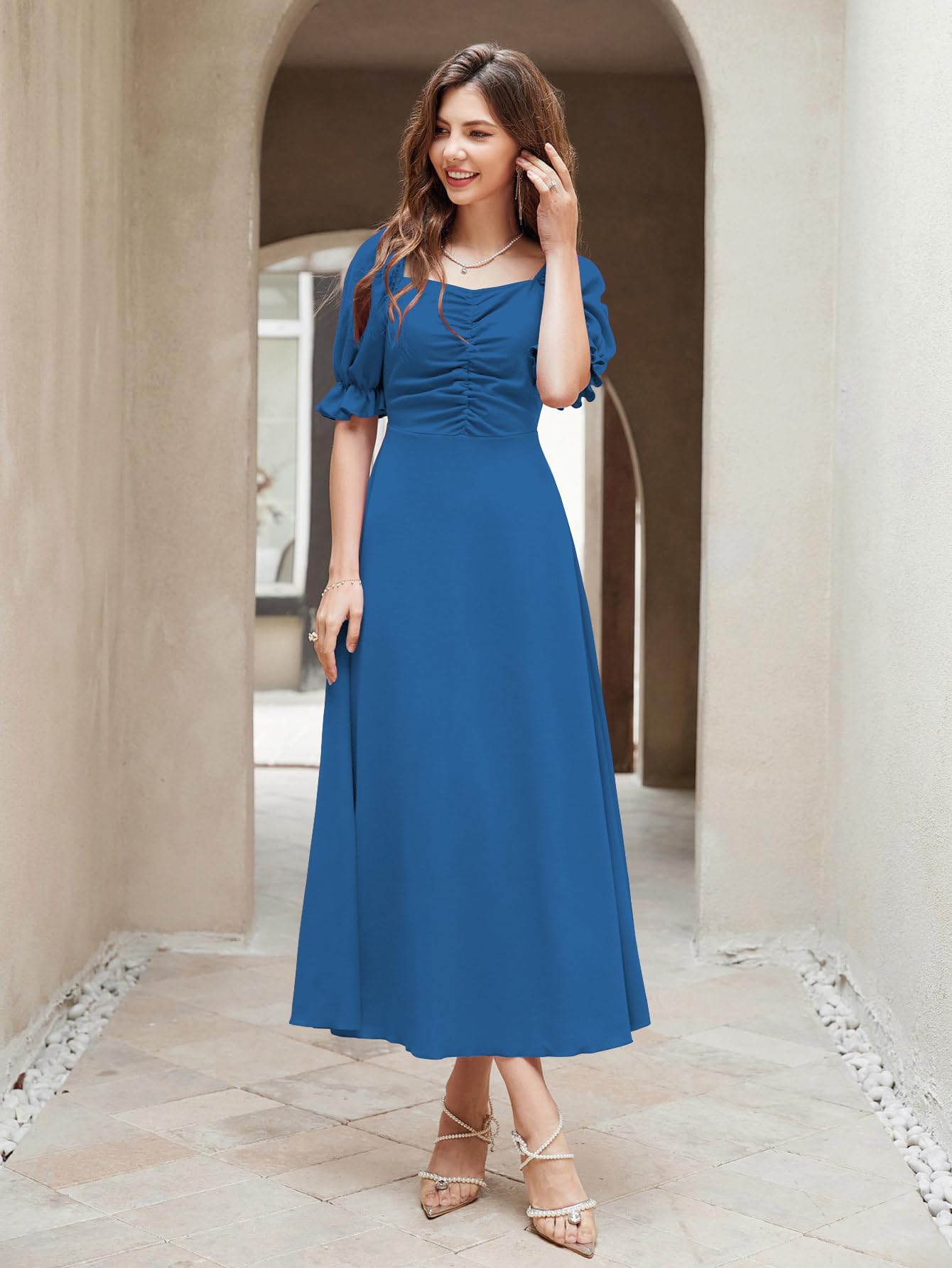 Shasmi Girl's & Women's Solid A-Line Ruched Puff Sleeve Maxi Long Evening One Piece Long Dress for Women Stylish (Dress 131)