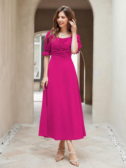 Shasmi Girl's & Women's Solid A-Line Ruched Puff Sleeve Maxi Long Evening One Piece Long Dress for Women Stylish (Dress 131)
