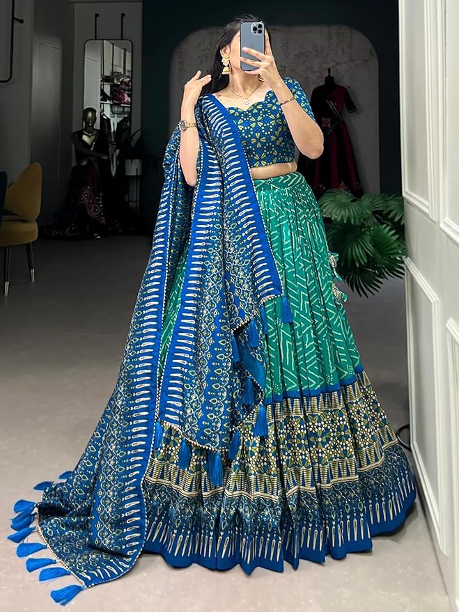 Trending Tussar Silk Lehenga Choli Print with Foil Work With Unstitched Blouse Patola Print Adorned with Foil Work For Navrati || Wedding
