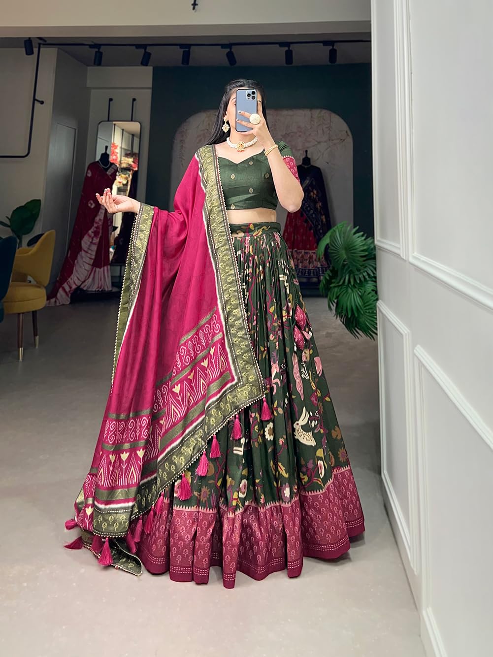 74 COLOR HALFSLIVE Women's Trending Designeer Tussar Silk Lehenga Choli Print with Foil Work With Unstitched Blouse Patola Print Adorned with Foil Work For Navrati || Wedding