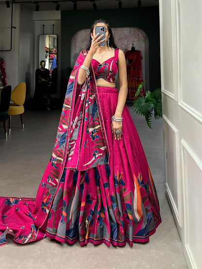 HETRANG Women's Tussar Silk With Patola Print And Foil Work Stitched Lehenga Choli (Pink),Free Size