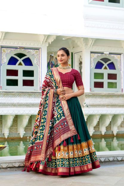 74 COLOR HALFSLIVE Women's Trending Designeer Tussar Silk Lehenga Choli Print with Foil Work With Unstitched Blouse Patola Print Adorned with Foil Work For Navrati || Wedding