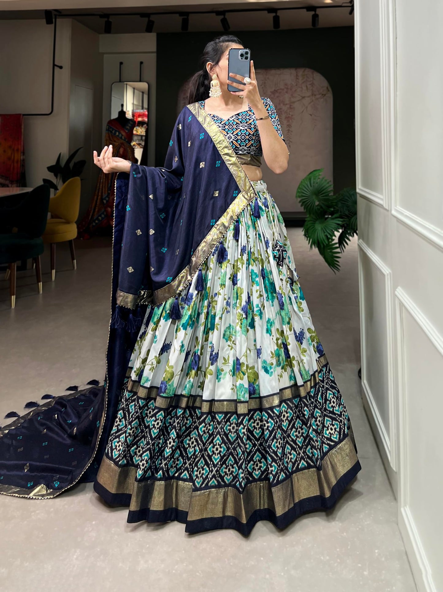 74 COLOR HALFSLIVE Women's Trending Designeer Tussar Silk Lehenga Choli Print with Foil Work With Unstitched Blouse Patola Print Adorned with Foil Work For Navrati || Wedding