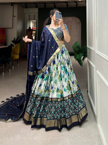 74 COLOR HALFSLIVE Women's Trending Designeer Tussar Silk Lehenga Choli Print with Foil Work With Unstitched Blouse Patola Print Adorned with Foil Work For Navrati || Wedding