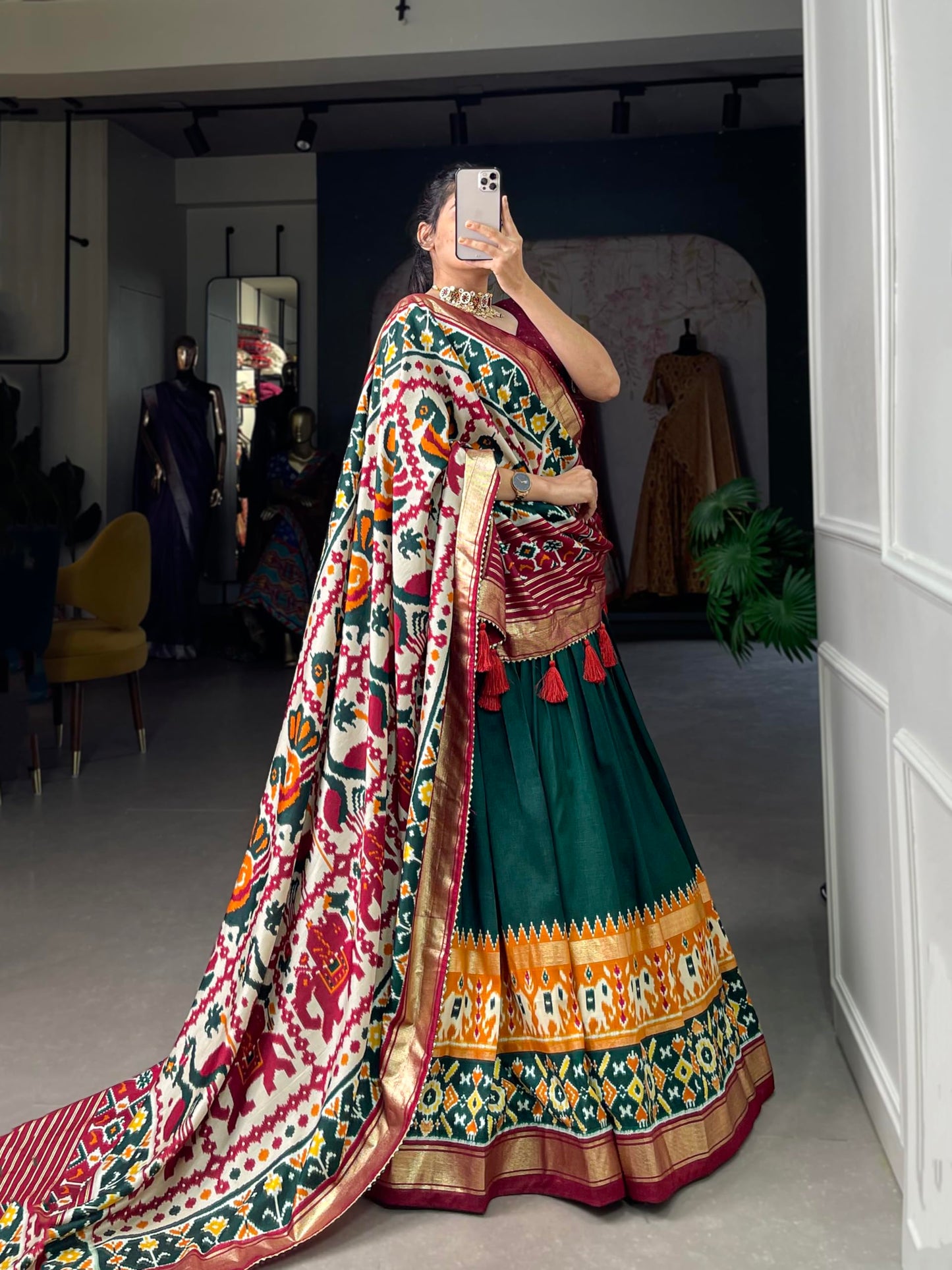 74 COLOR HALFSLIVE Women's Trending Designeer Tussar Silk Lehenga Choli Print with Foil Work With Unstitched Blouse Patola Print Adorned with Foil Work For Navrati || Wedding