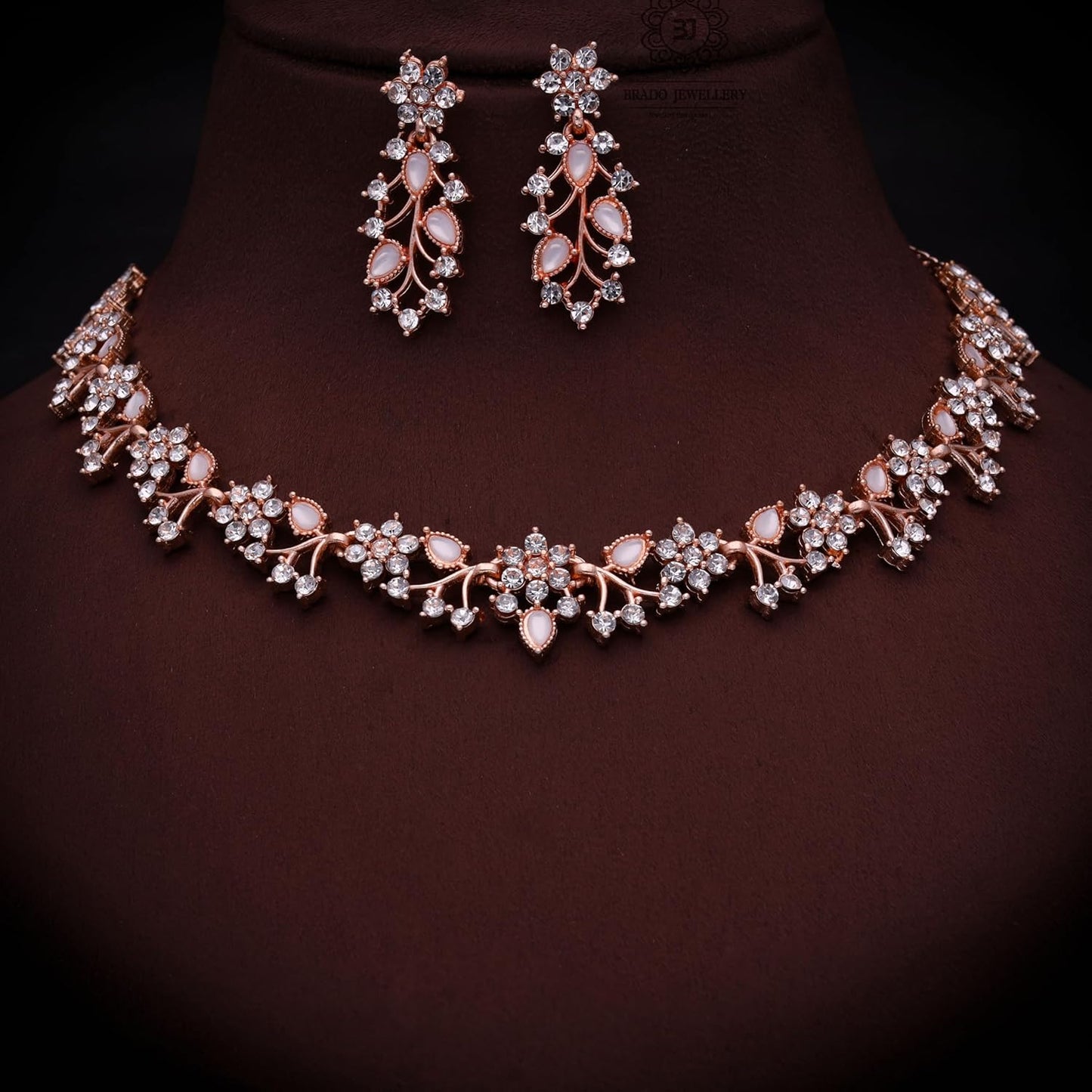 Womens Rose Gold-Plated Artificial Stone Studded Necklace Jewellery Set With 1 Pair Of Earring(AB_BJ Special-RG-White)
