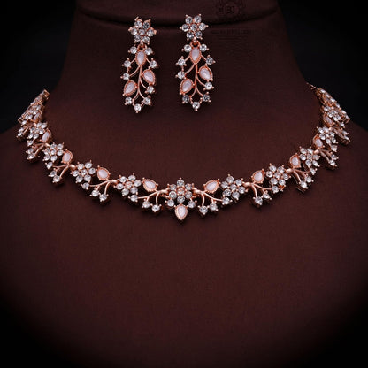 Womens Rose Gold-Plated Artificial Stone Studded Necklace Jewellery Set With 1 Pair Of Earring(AB_BJ Special-RG-White)