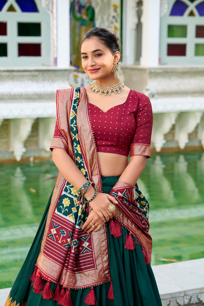 74 COLOR HALFSLIVE Women's Trending Designeer Tussar Silk Lehenga Choli Print with Foil Work With Unstitched Blouse Patola Print Adorned with Foil Work For Navrati || Wedding