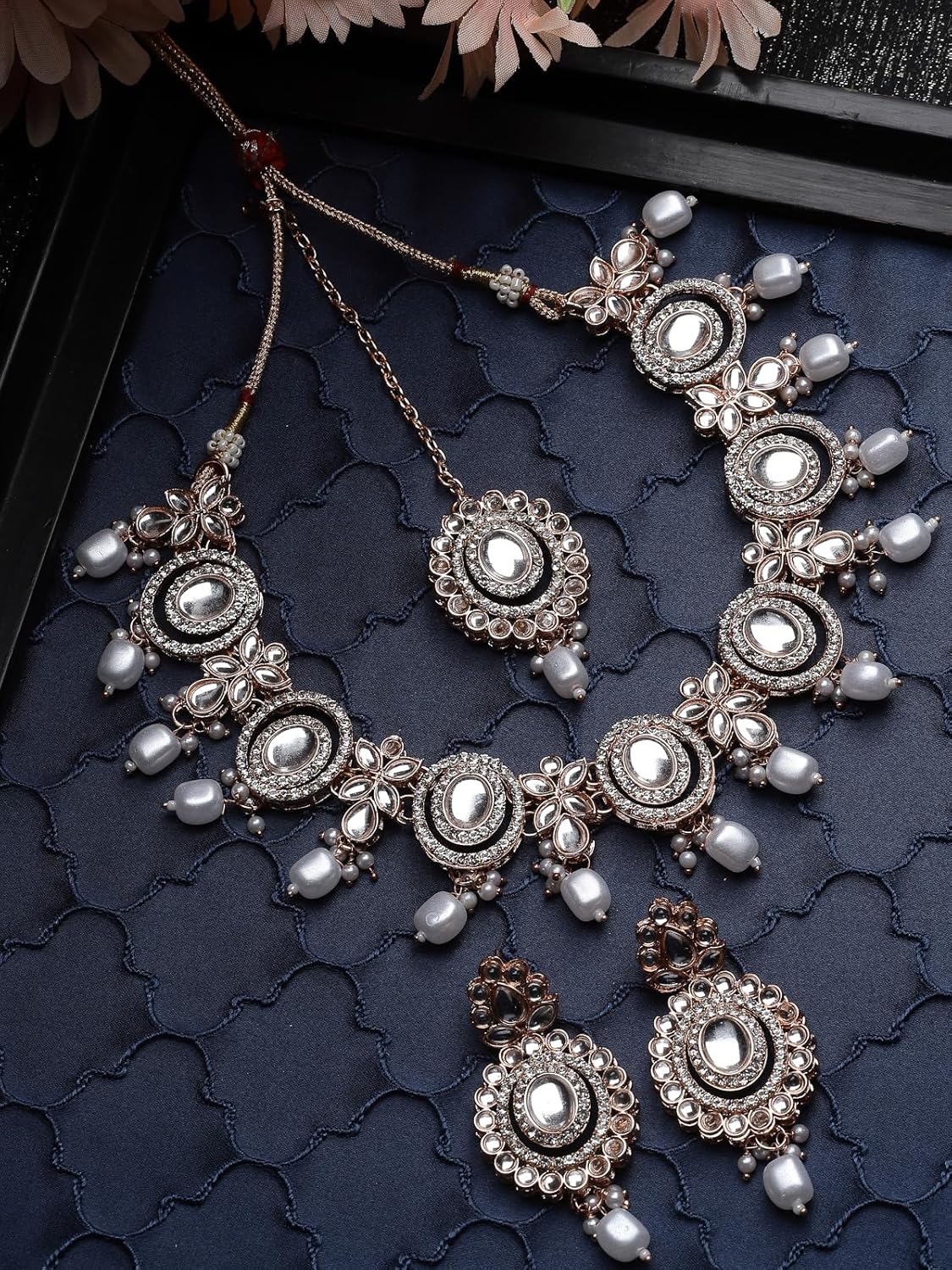 Sukkhi Traditional Gold Plated AD Stone Collar Bone Necklace Set With Earring And Maangtika | Jewellery Set For Women (NS105700)