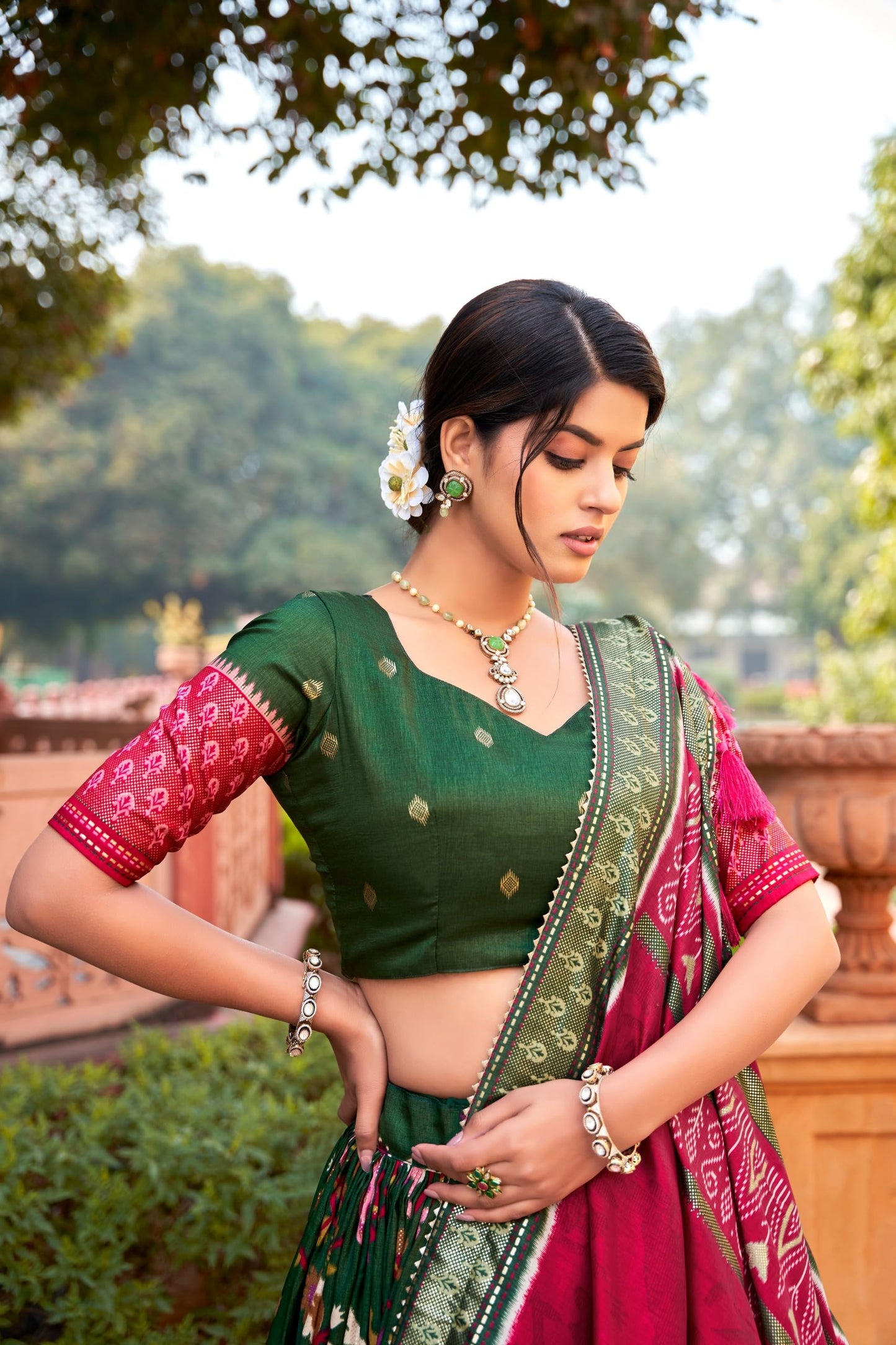 74 COLOR HALFSLIVE Women's Trending Designeer Tussar Silk Lehenga Choli Print with Foil Work With Unstitched Blouse Patola Print Adorned with Foil Work For Navrati || Wedding