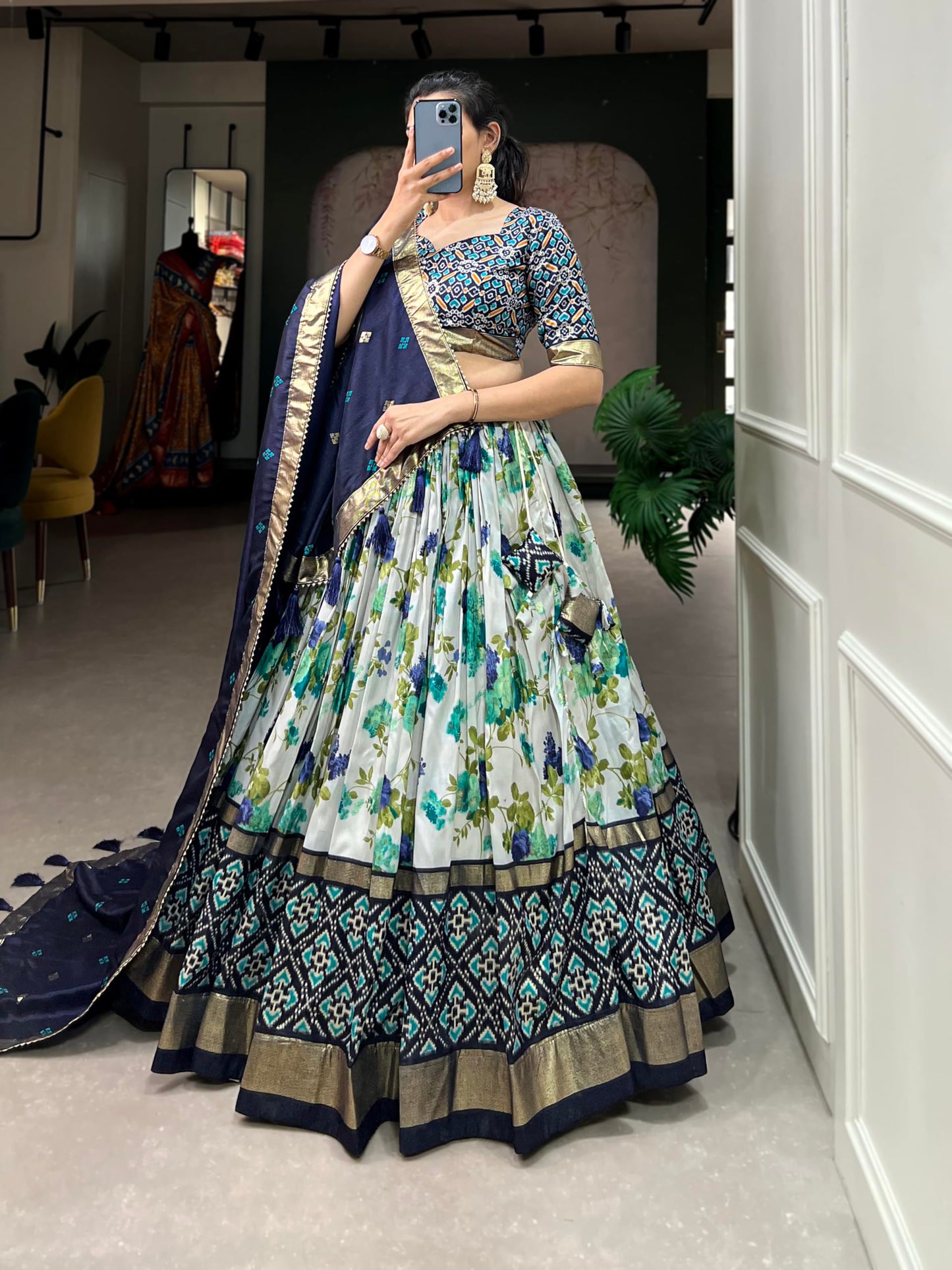 74 COLOR HALFSLIVE Women's Trending Designeer Tussar Silk Lehenga Choli Print with Foil Work With Unstitched Blouse Patola Print Adorned with Foil Work For Navrati || Wedding