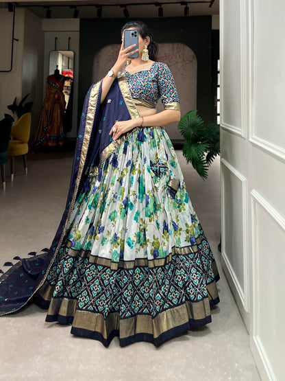 74 COLOR HALFSLIVE Women's Trending Designeer Tussar Silk Lehenga Choli Print with Foil Work With Unstitched Blouse Patola Print Adorned with Foil Work For Navrati || Wedding