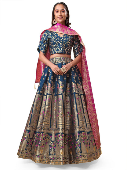 PURVAJA Women's Jacquard Semi-Stitched Lehenga choli(Kumbh)