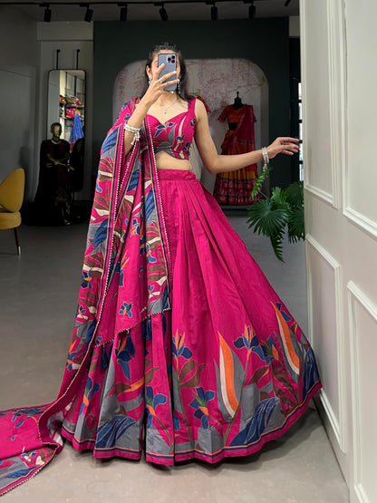 HETRANG Women's Tussar Silk With Patola Print And Foil Work Stitched Lehenga Choli (Pink),Free Size