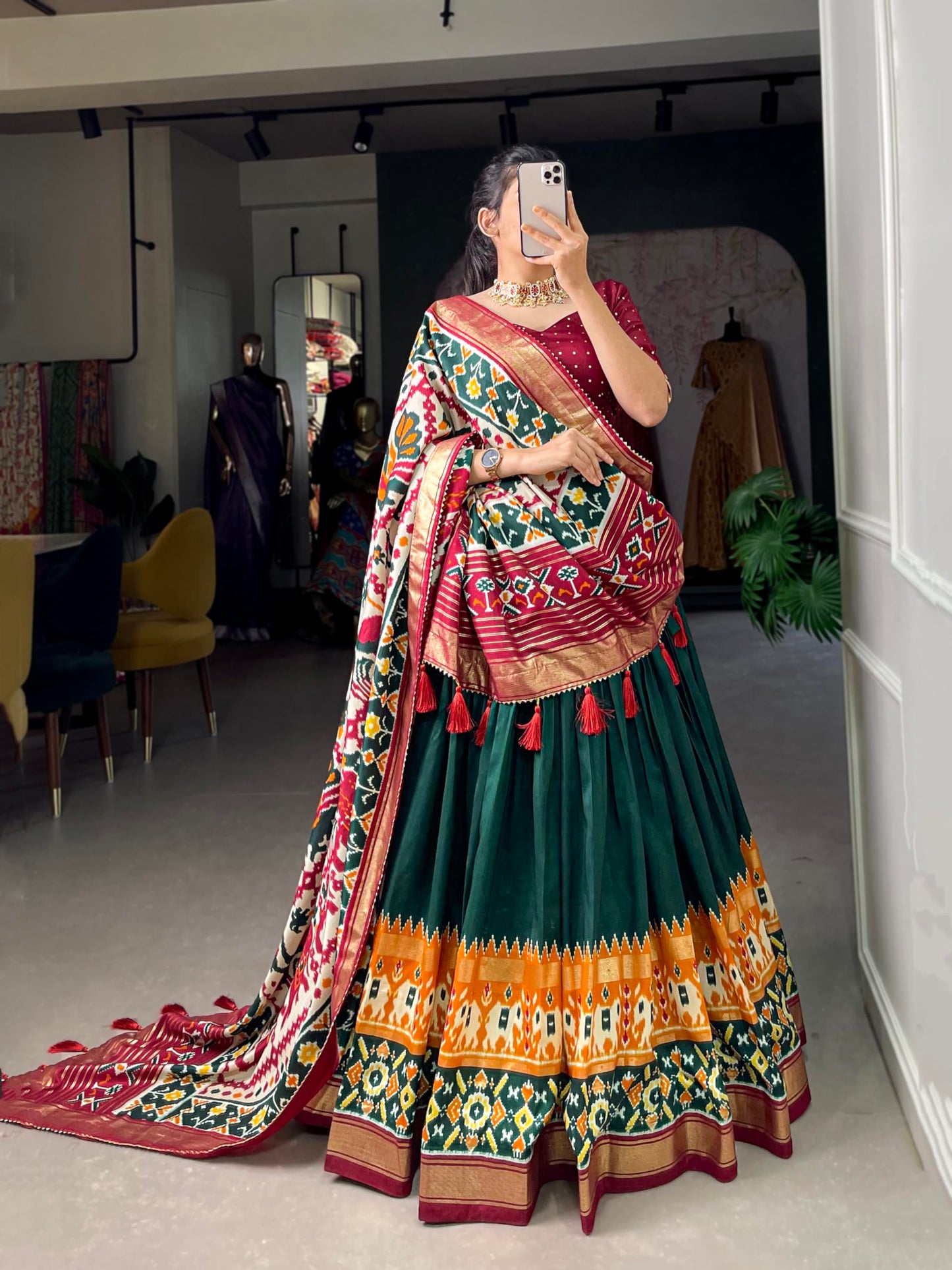74 COLOR HALFSLIVE Women's Trending Designeer Tussar Silk Lehenga Choli Print with Foil Work With Unstitched Blouse Patola Print Adorned with Foil Work For Navrati || Wedding