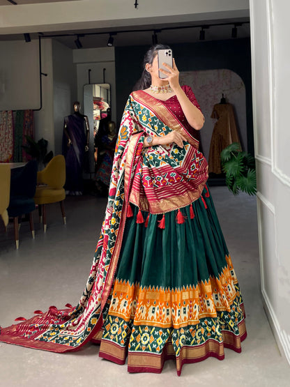 74 COLOR HALFSLIVE Women's Trending Designeer Tussar Silk Lehenga Choli Print with Foil Work With Unstitched Blouse Patola Print Adorned with Foil Work For Navrati || Wedding